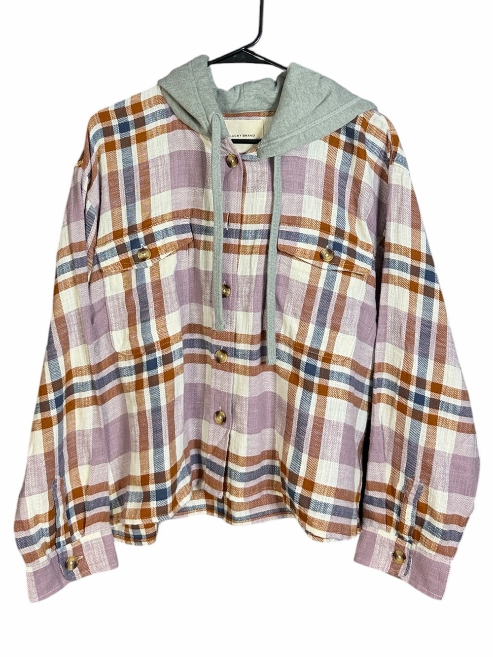 NWT lucky brand cropped plaid hoodie in pink plaid Women's Large - Picture 2 of 10